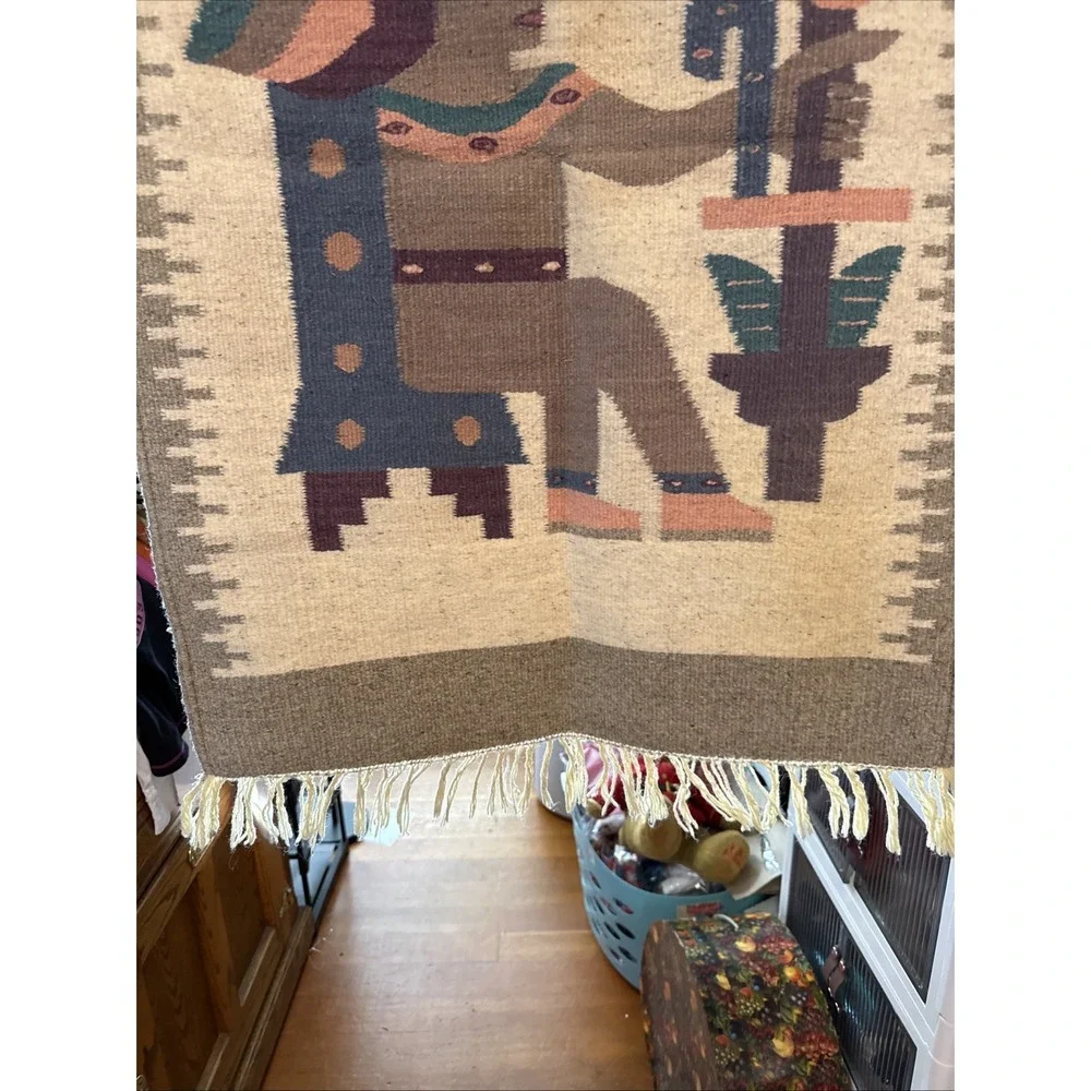 Vtg Rug Wool Hand Woven Aztec Pictorial Mexico Tapestry Prayer Rug/ Hang 36